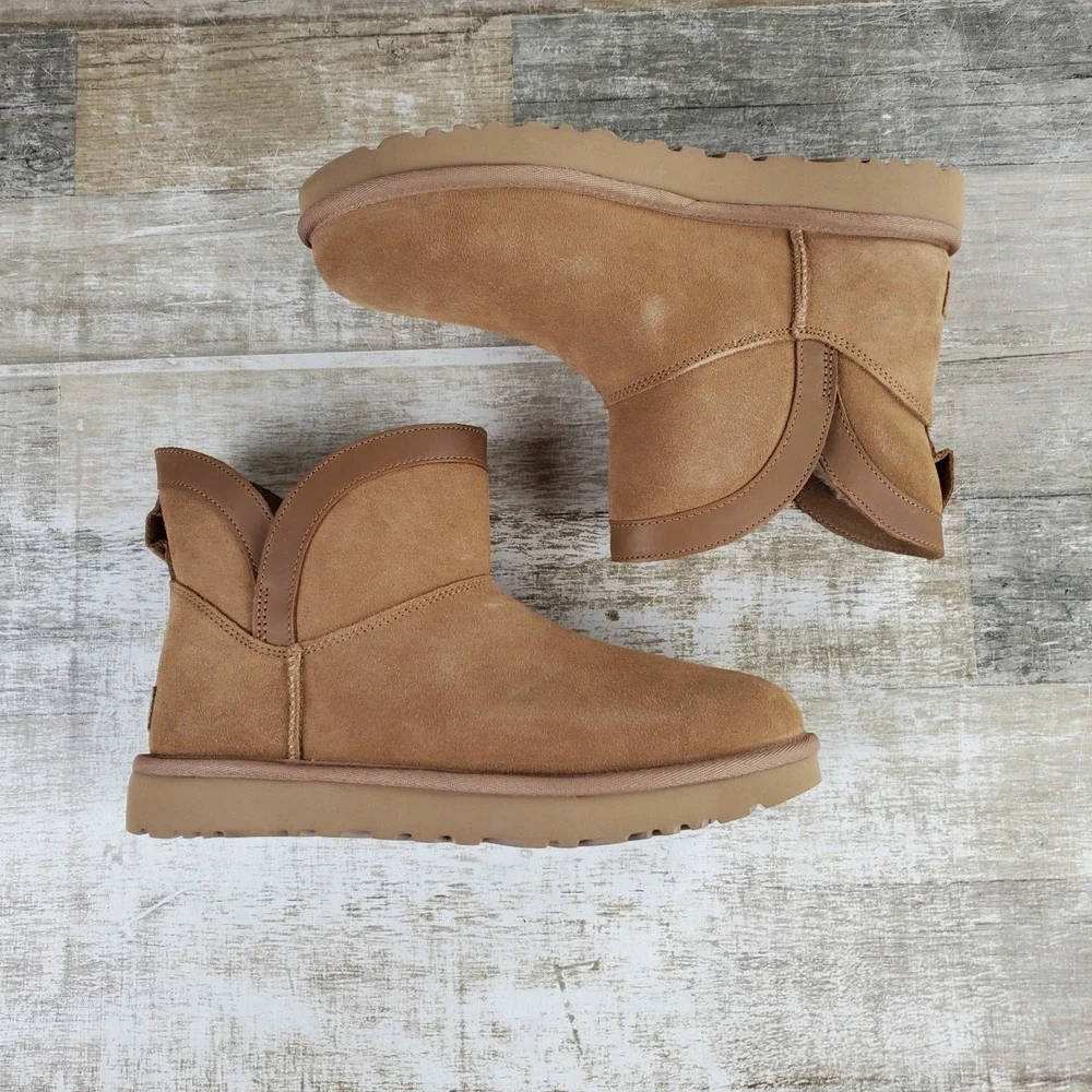 UGG Classic Mini Lunara Womens Snow Boots Sz 9 Chestnut Suede Pull On Round Toe